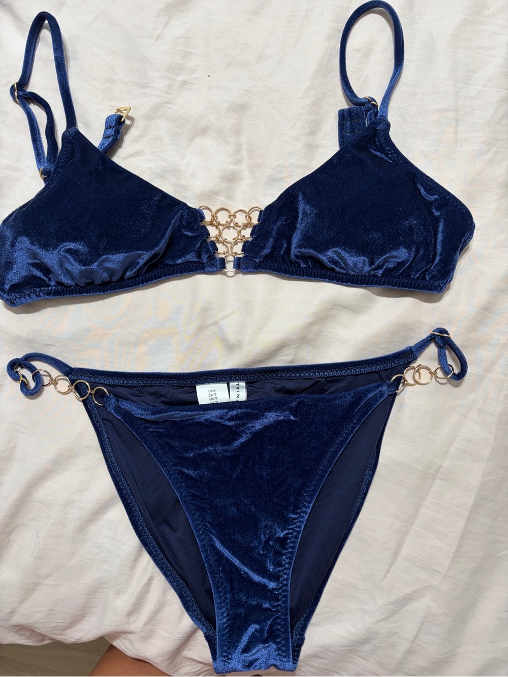 Trina Turk Navy Velvet Bikini Bottom top gold chain size 8